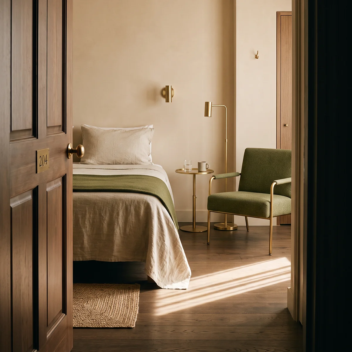 Pokój hotelowy z zasłanym łóżkiem i zielonym fotelem widziany przez otwarte drzwi w porannym świetle